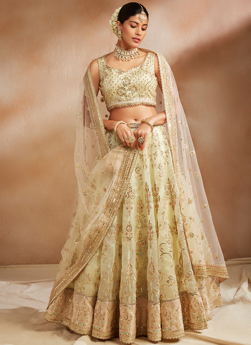 Soft Yellow Embroidered Organza Lehenga