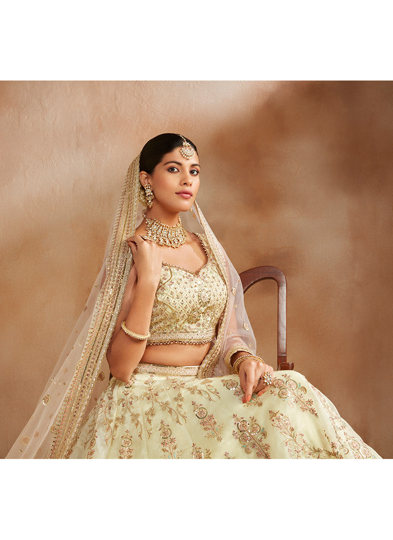 Soft Yellow Embroidered Organza Lehenga