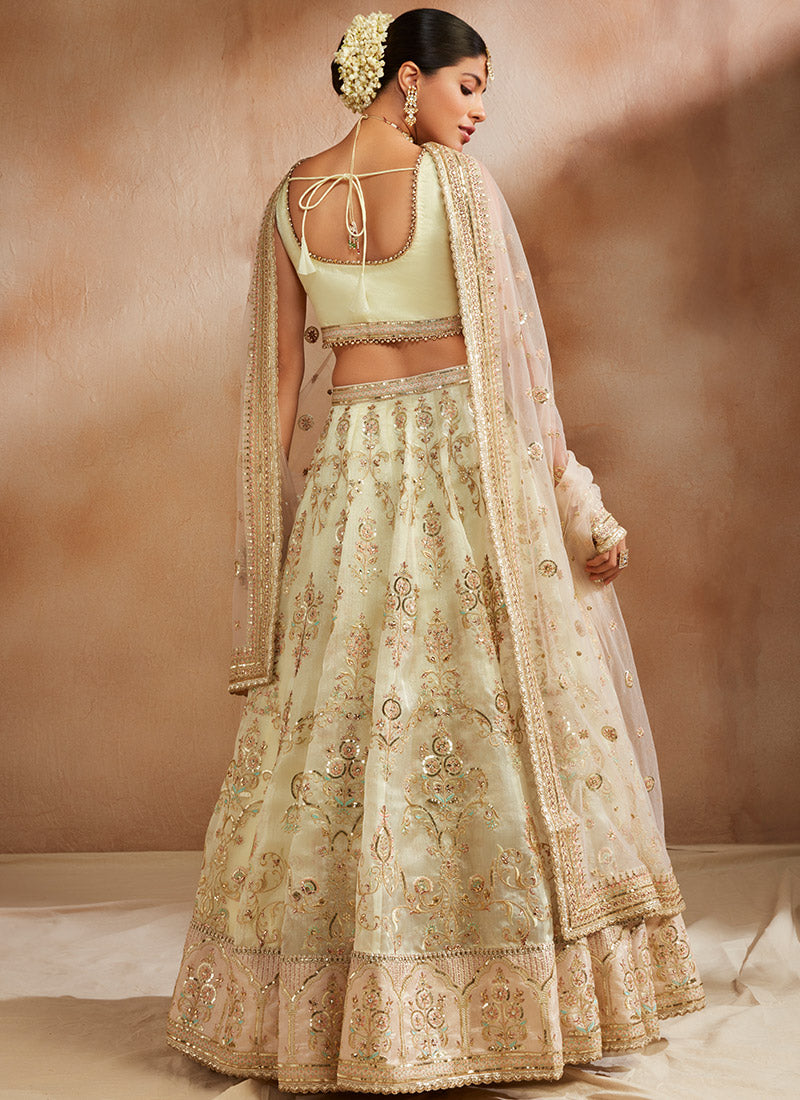 Soft Yellow Embroidered Organza Lehenga