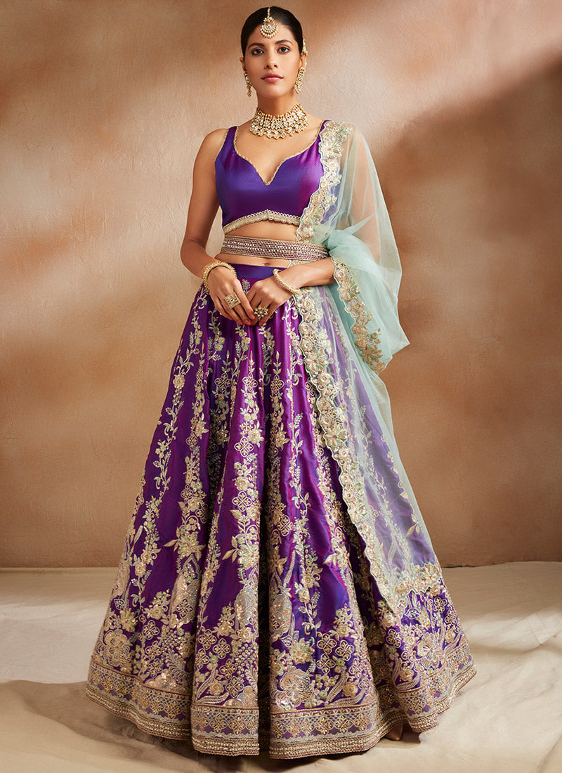 Purple and Mint Embroidered Silk Lehenga