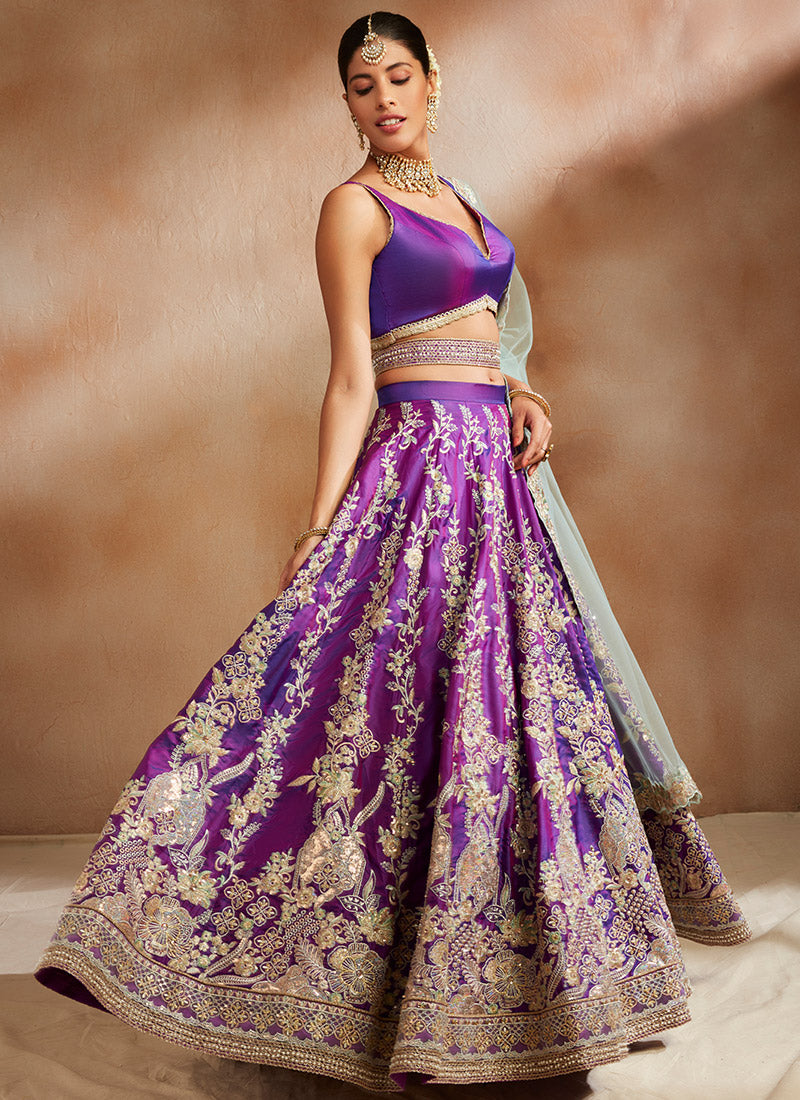 Purple and Mint Embroidered Silk Lehenga