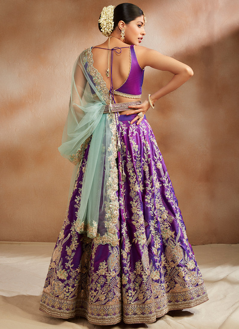 Purple and Mint Embroidered Silk Lehenga