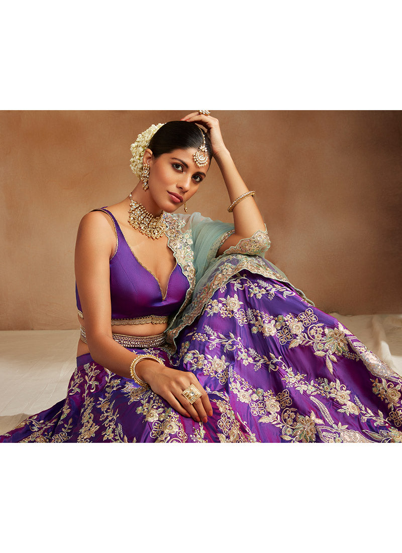 Purple and Mint Embroidered Silk Lehenga