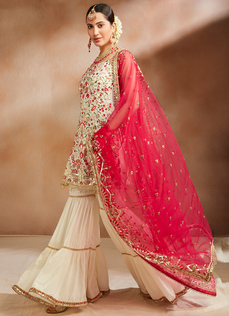 Off White Multicolor Embroidered Gharara Suit