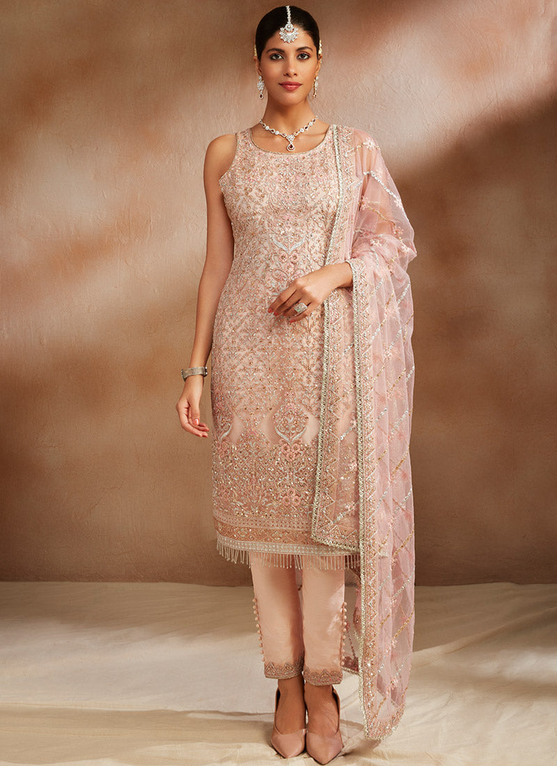 Peachy Pink Embroidered Straight Suit