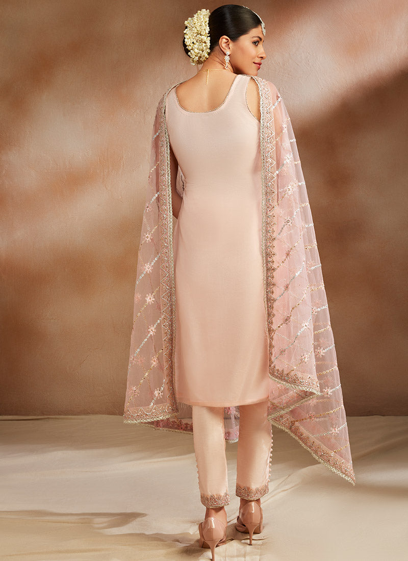 Peachy Pink Embroidered Straight Suit