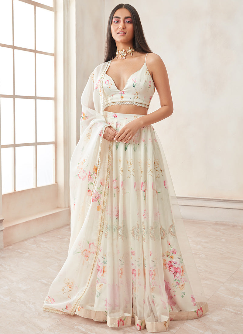 Off White Floral Printed Satin Lehenga