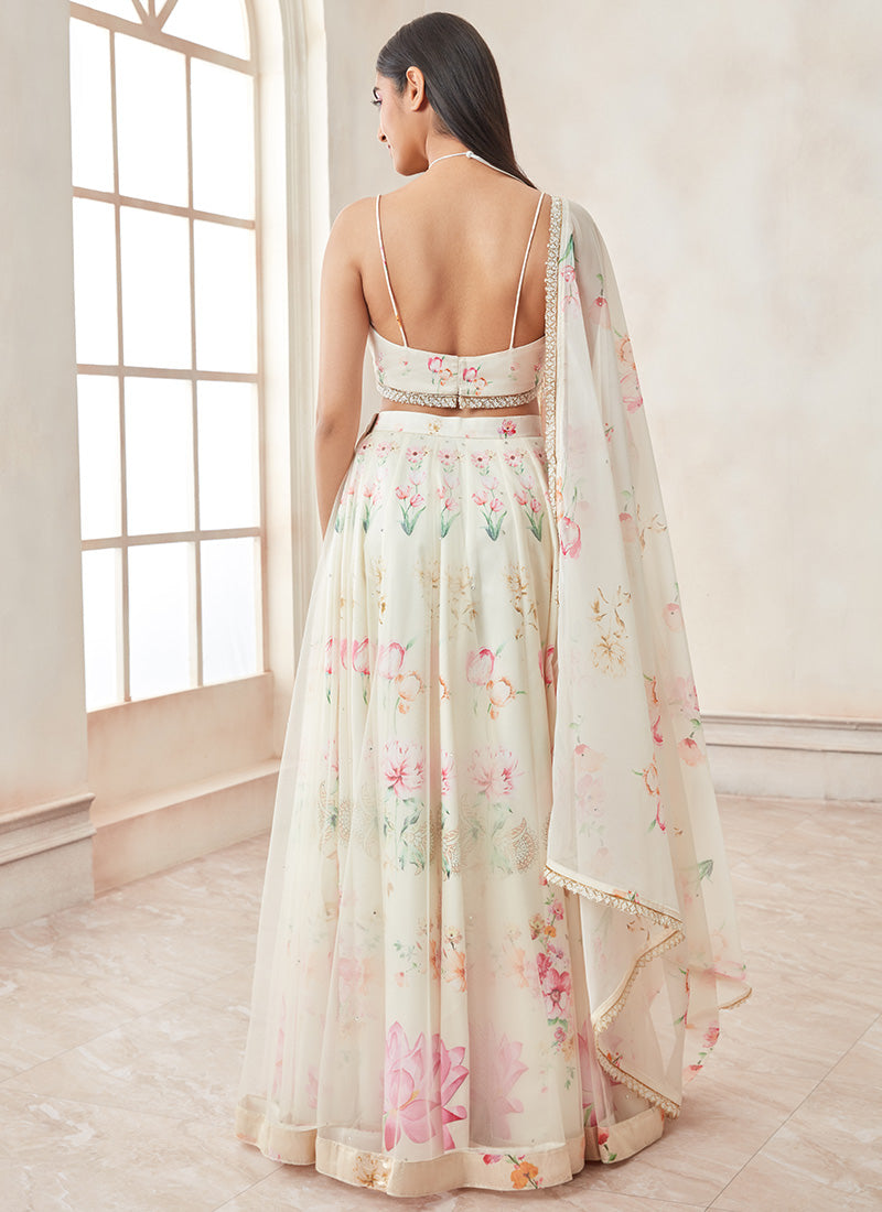 Off White Floral Printed Satin Lehenga