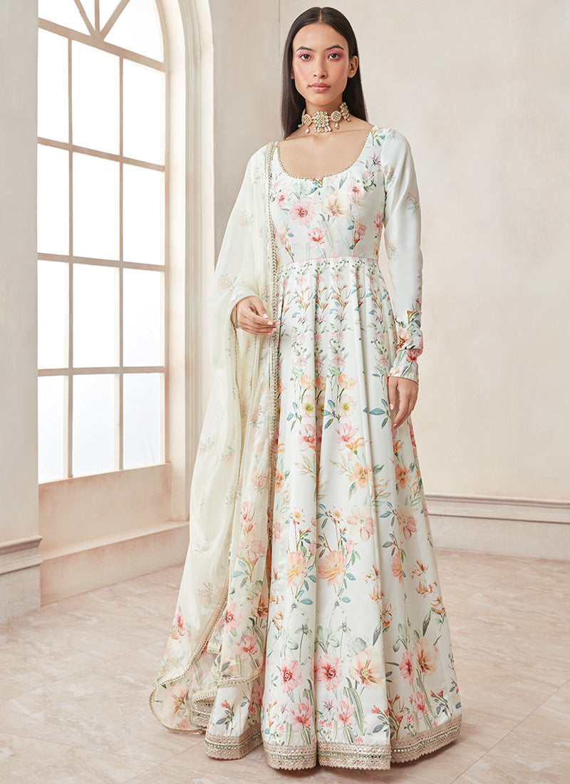 Off White Multicolor Floral Printed Anarkali