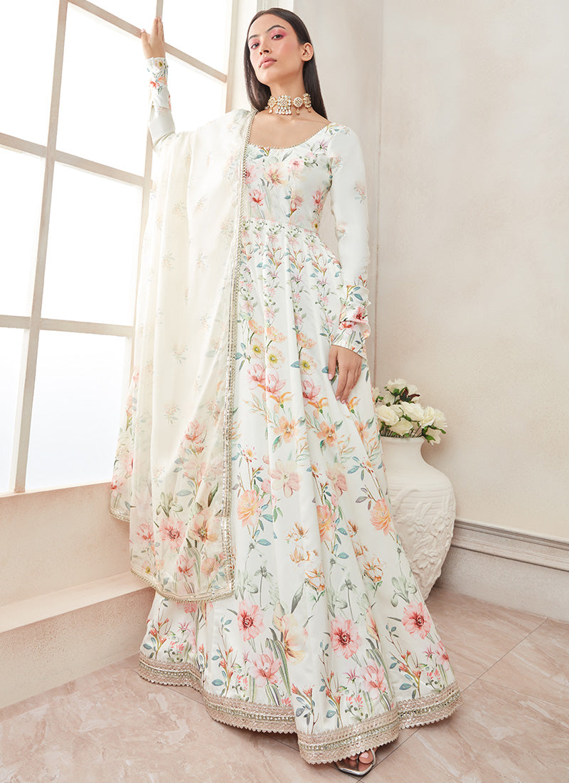 Off White Multicolor Floral Printed Anarkali