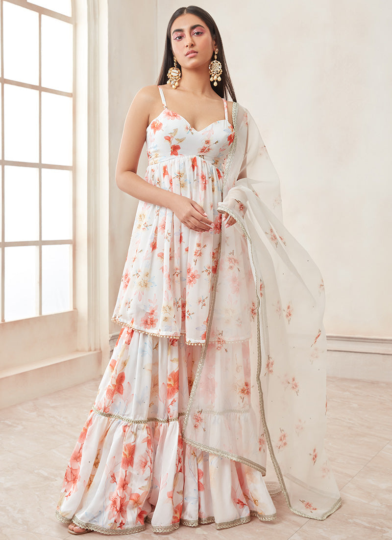 White Satin Georgette Floral Gharara Suit