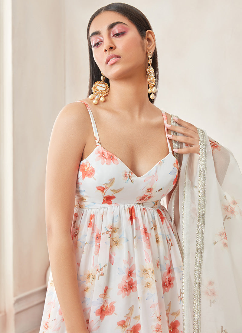 White Satin Georgette Floral Gharara Suit