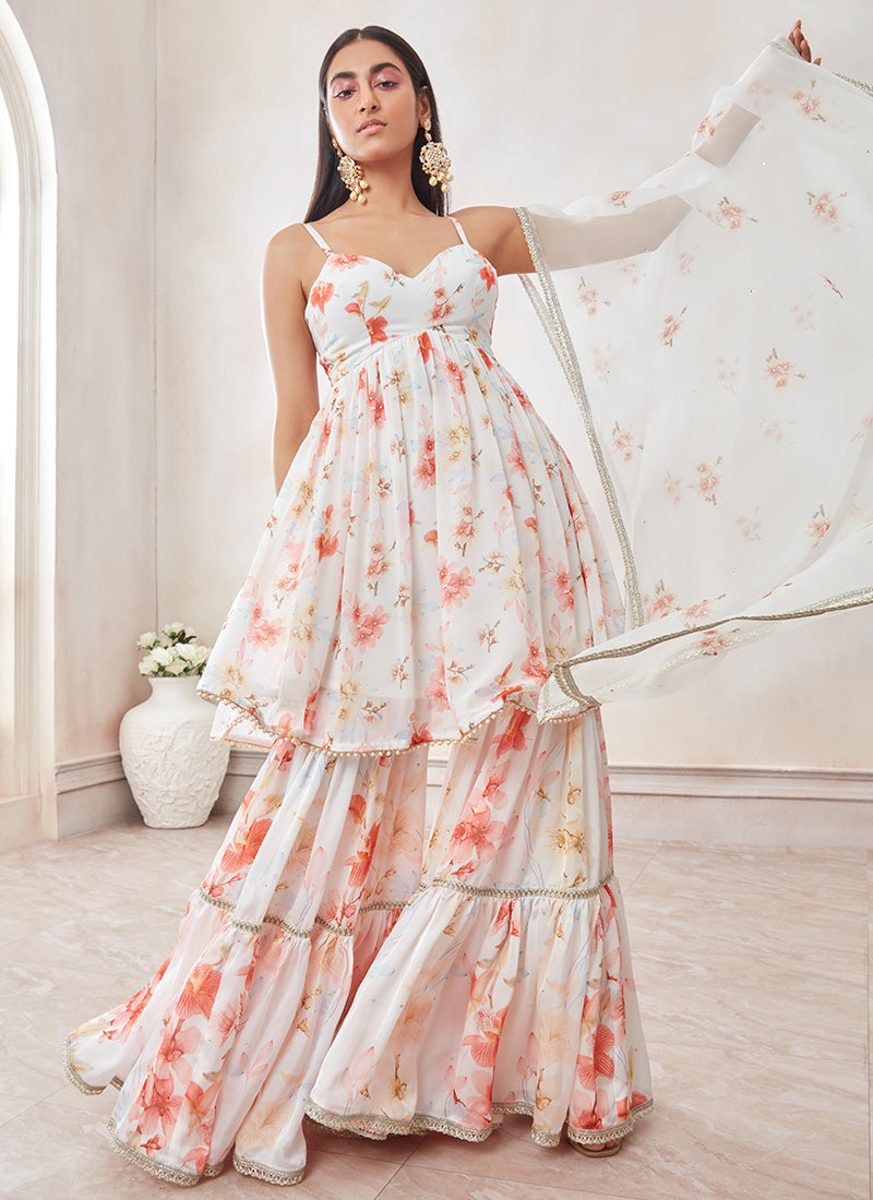 White Satin Georgette Floral Gharara Suit