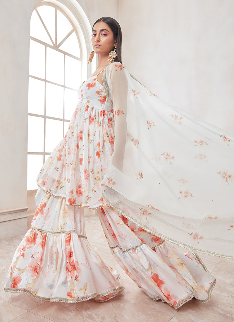 White Satin Georgette Floral Gharara Suit