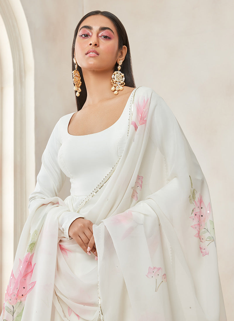 Off White Satin Anarkali With Floral Printed Dupatta