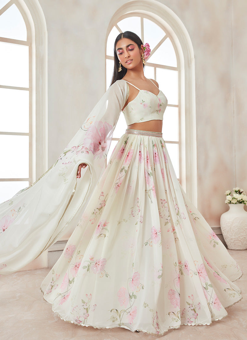 Off White and Pink Printed Georgette Lehenga Lashkaraa