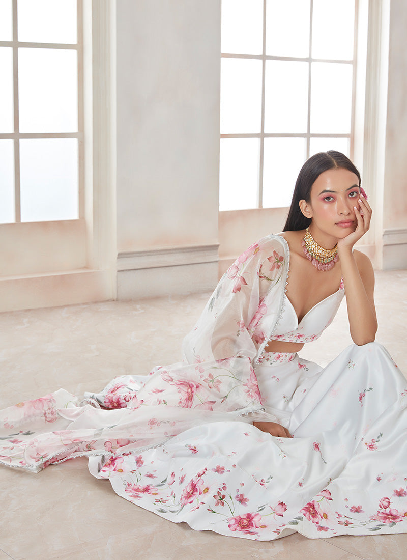 White and Pink Floral Printed Lehenga