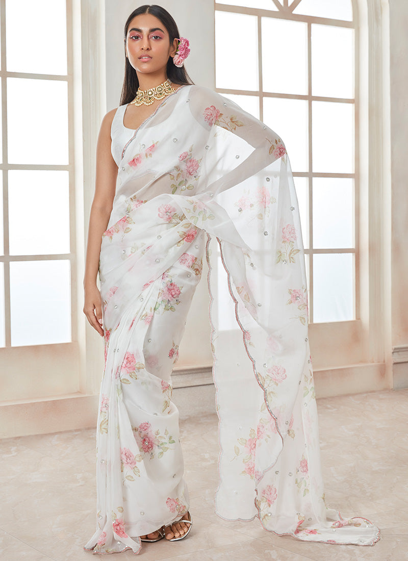 White and Pink Floral Tabby Silk Saree