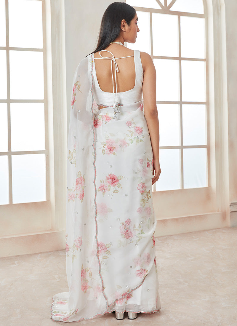 White and Pink Floral Tabby Silk Saree