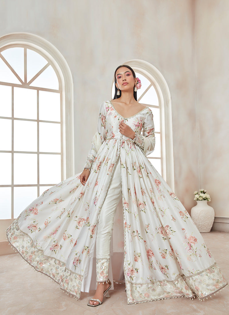 White Floral Pant Style Anarkali