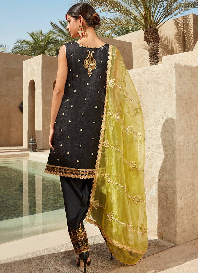 Black and Lime Green Silk Punjabi Suit