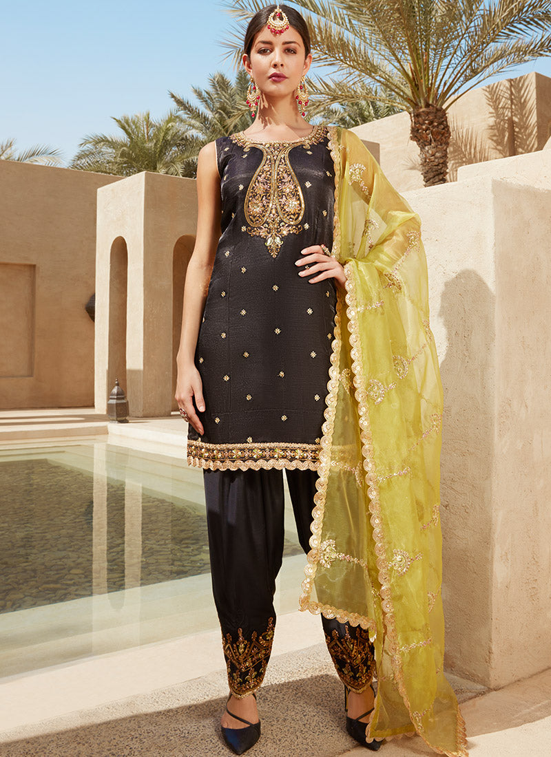 Black and Lime Green Silk Punjabi Suit