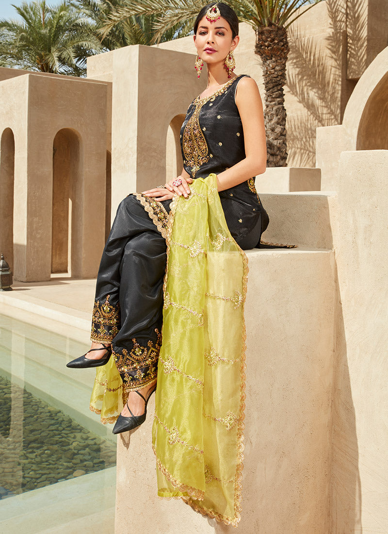 Black and Lime Green Silk Punjabi Suit