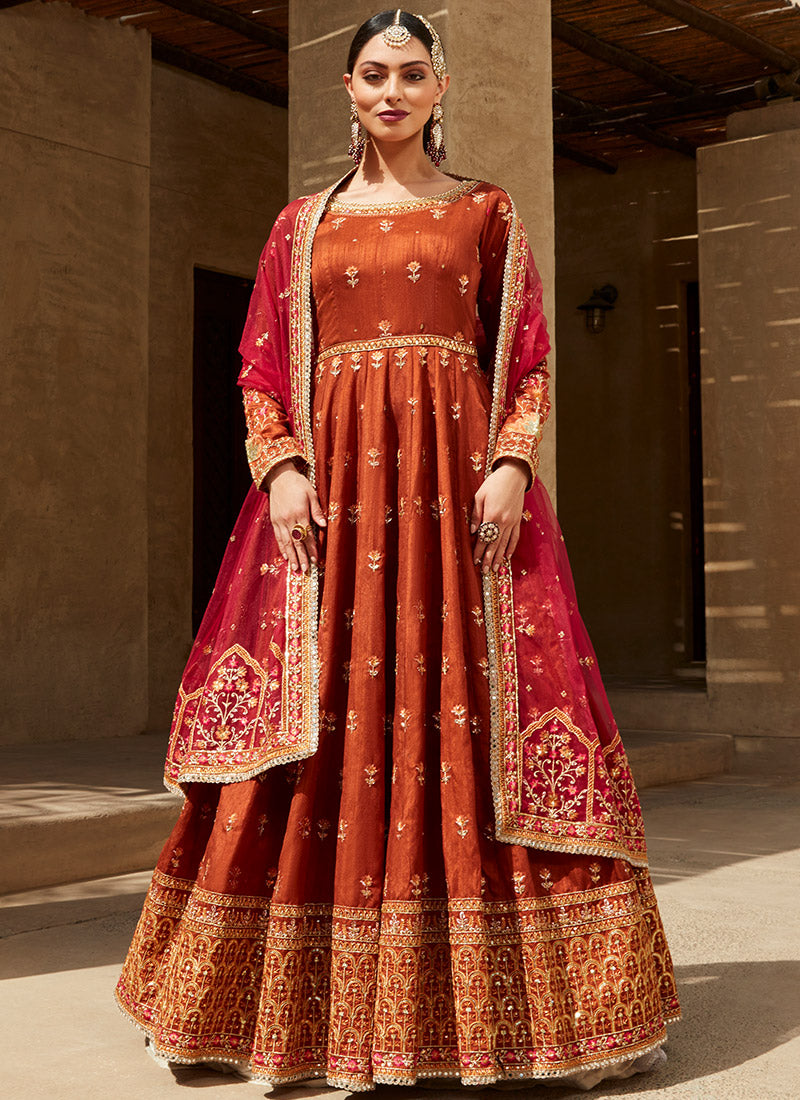 Deep Rust and Hot Pink Embroidered Anarkali