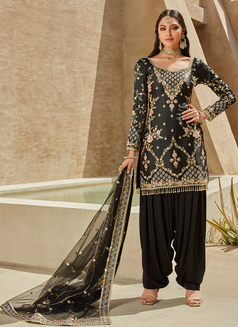 Black Multicolor Satin Punjabi Suit - Main Image