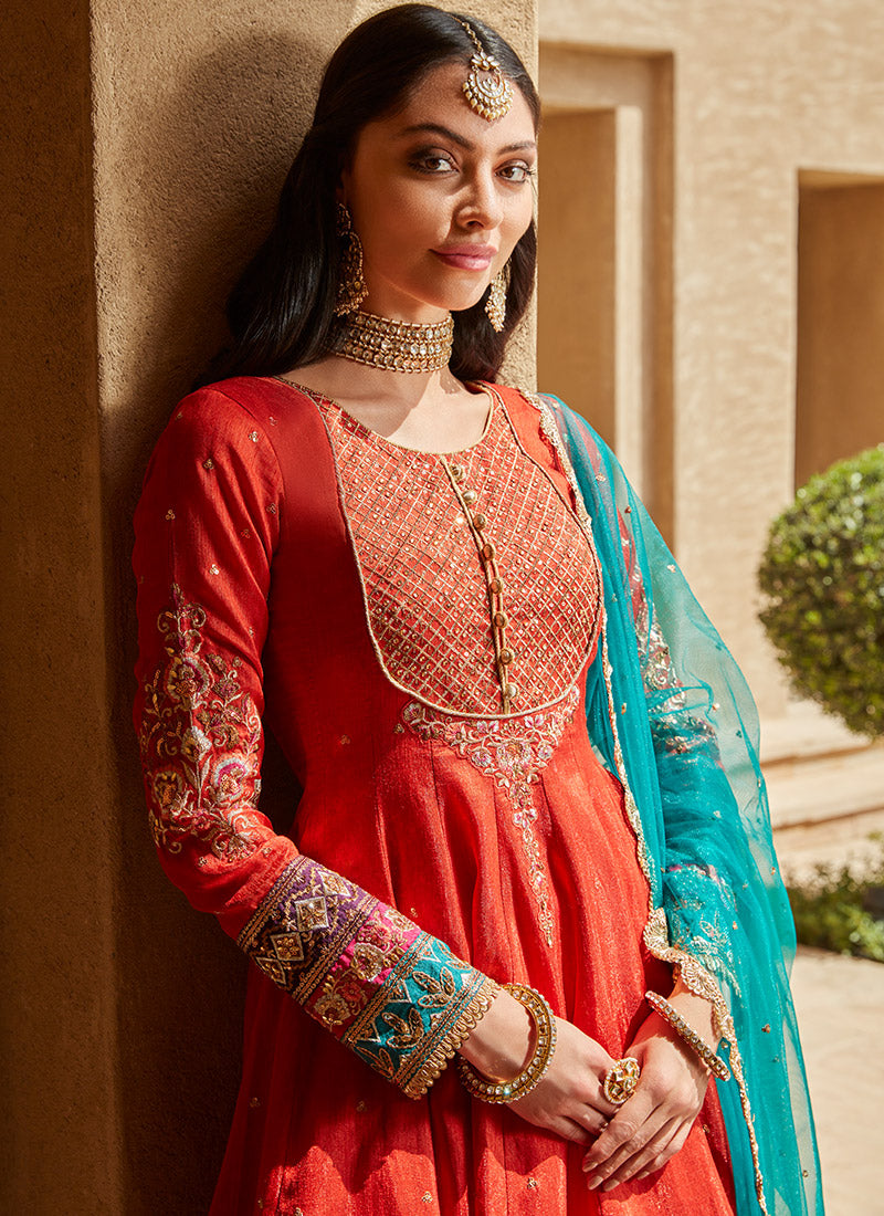 Red Orange and Teal Peplum Style Anarkali