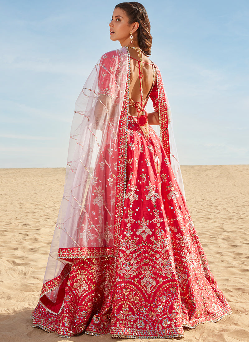 Hot Pink Mirror Embroidered Silk Lehenga