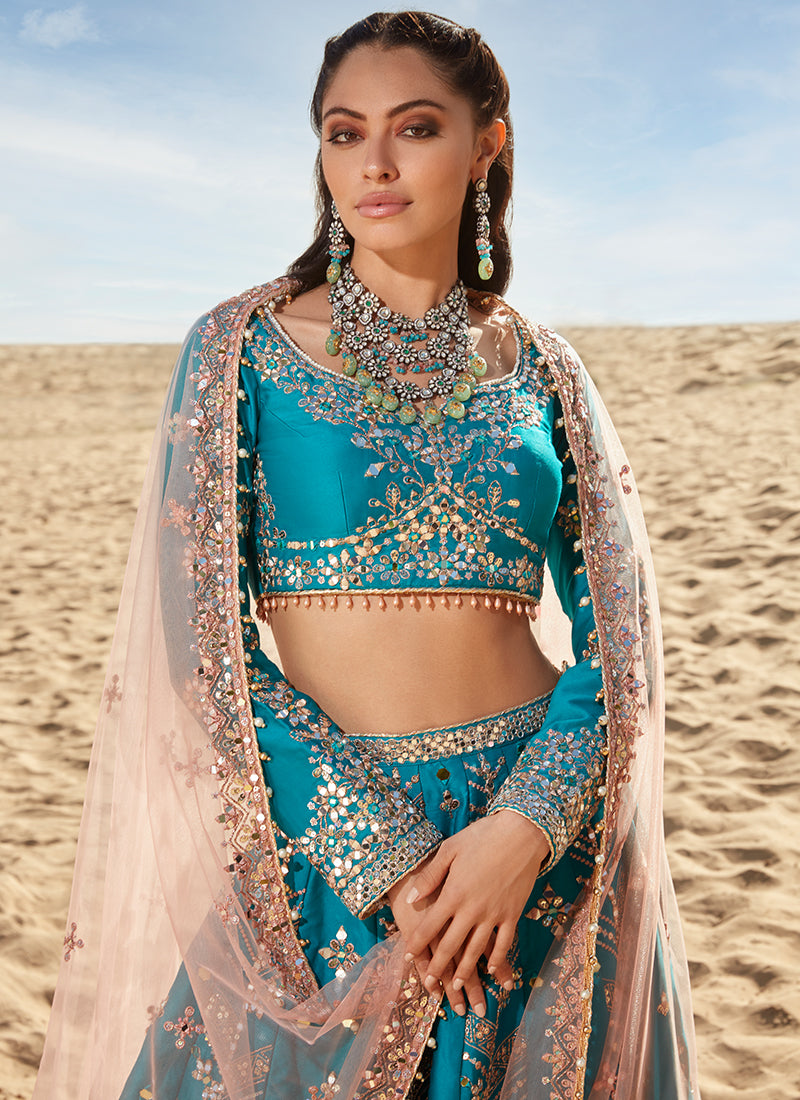 Teal Mirror Embroidered Satin Lehenga