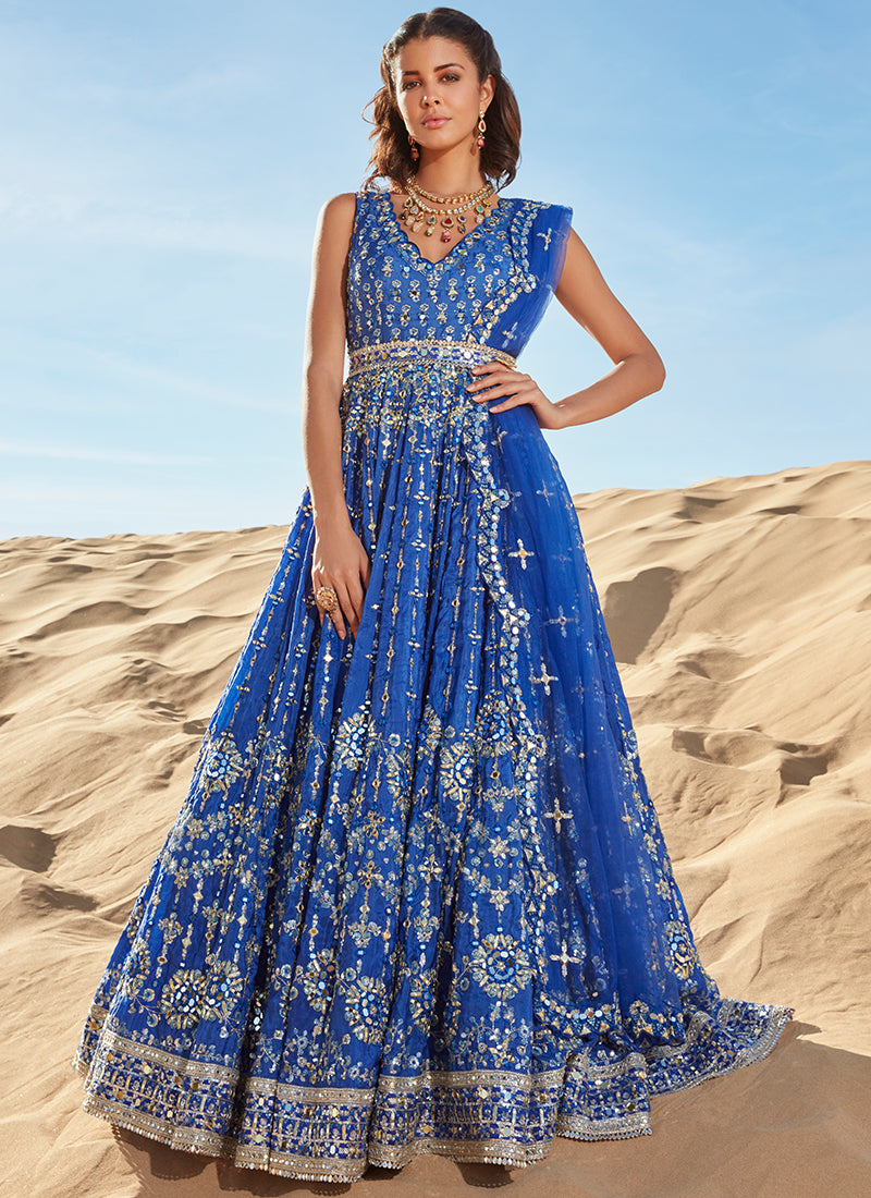 Royal Blue Mirror Embroidered Silk Anarkali