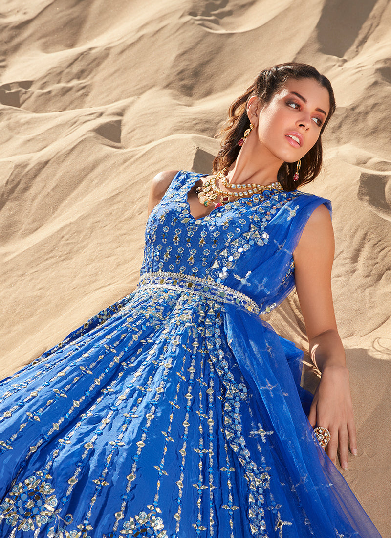 Royal Blue Mirror Embroidered Organza Anarkali