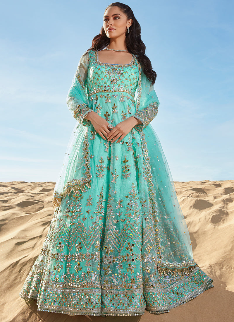 Mint Mirror Embroidered Organza Anarkali