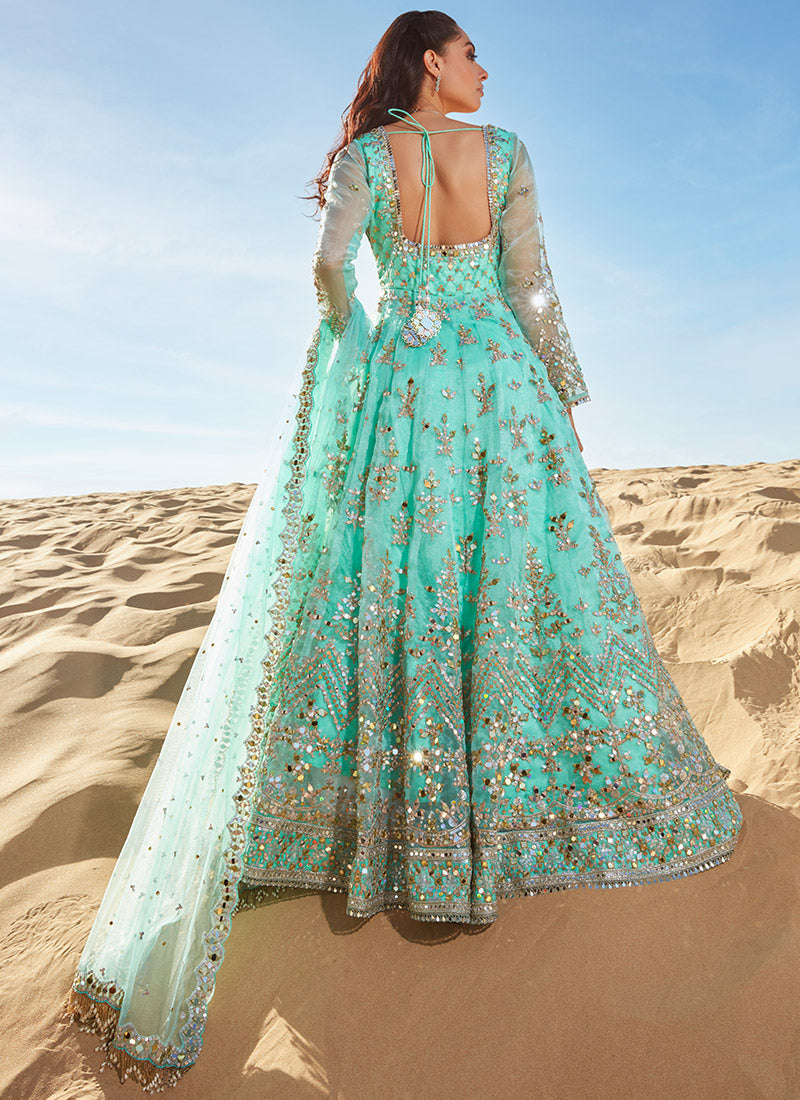 Mint Mirror Embroidered Organza Anarkali