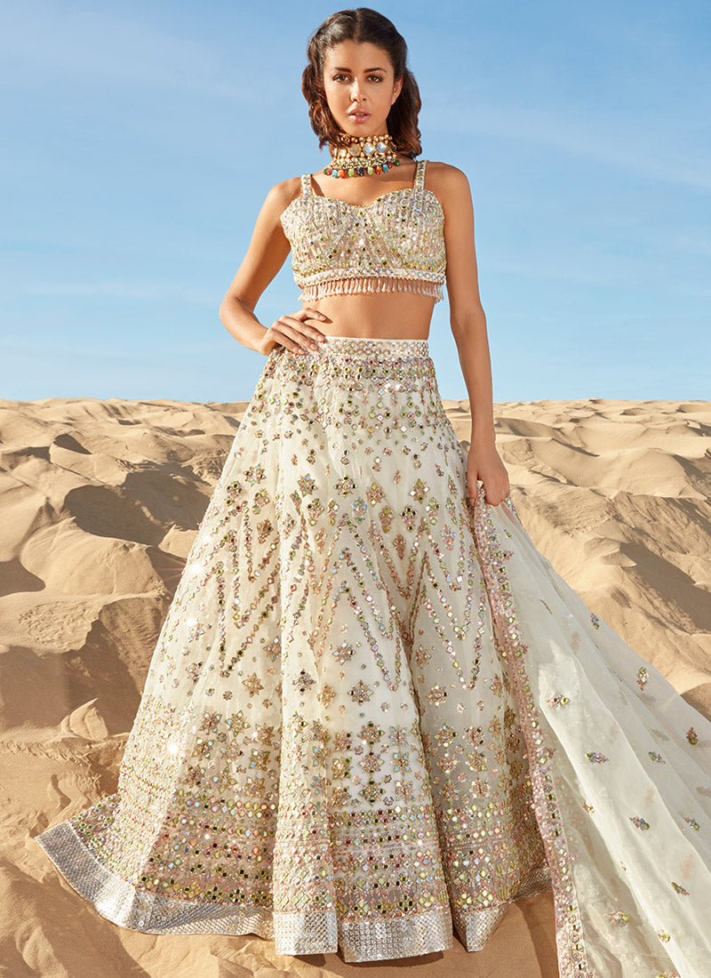 Off White Mirror Embroidered Organza Lehenga