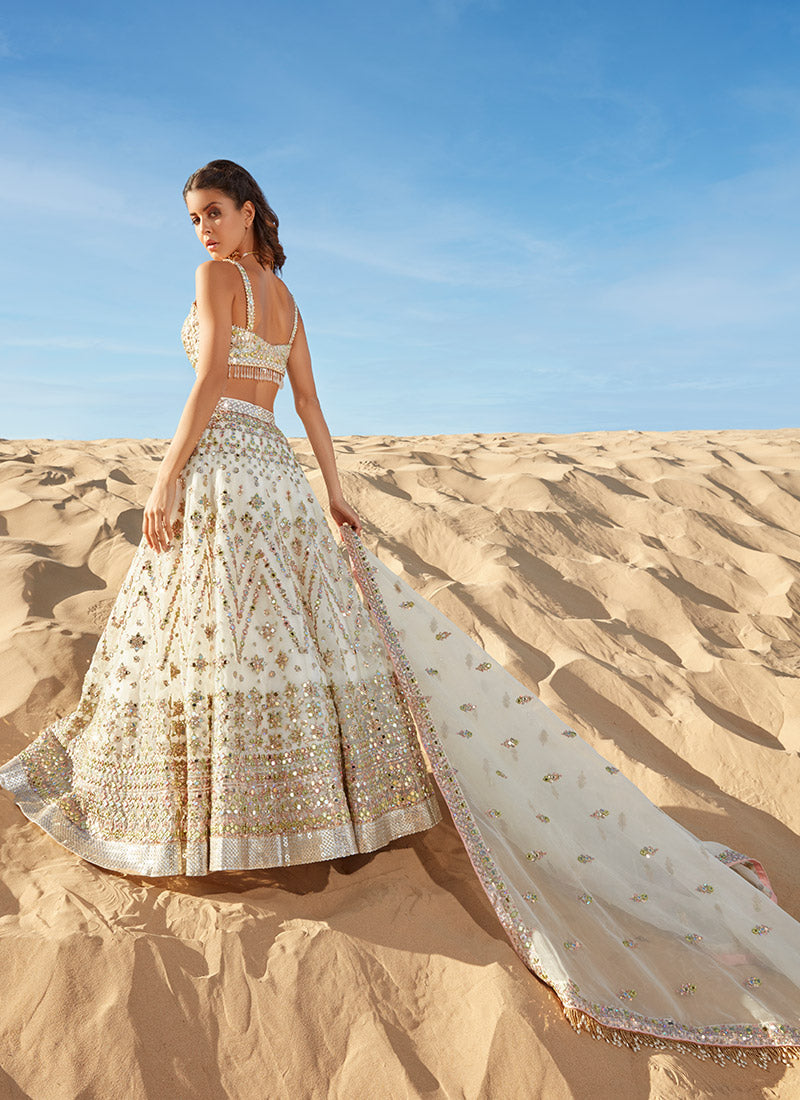 Off White Mirror Embroidered Organza Lehenga