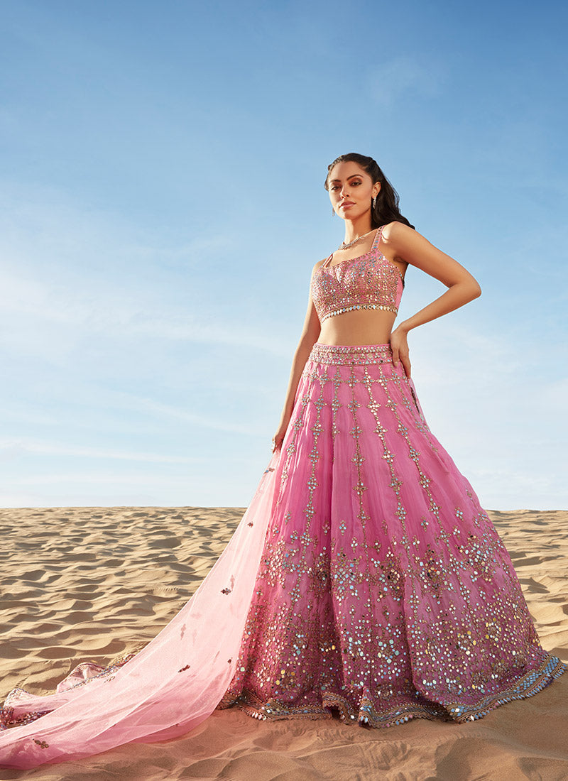 Pink Mirror Embroidered Organza Lehenga