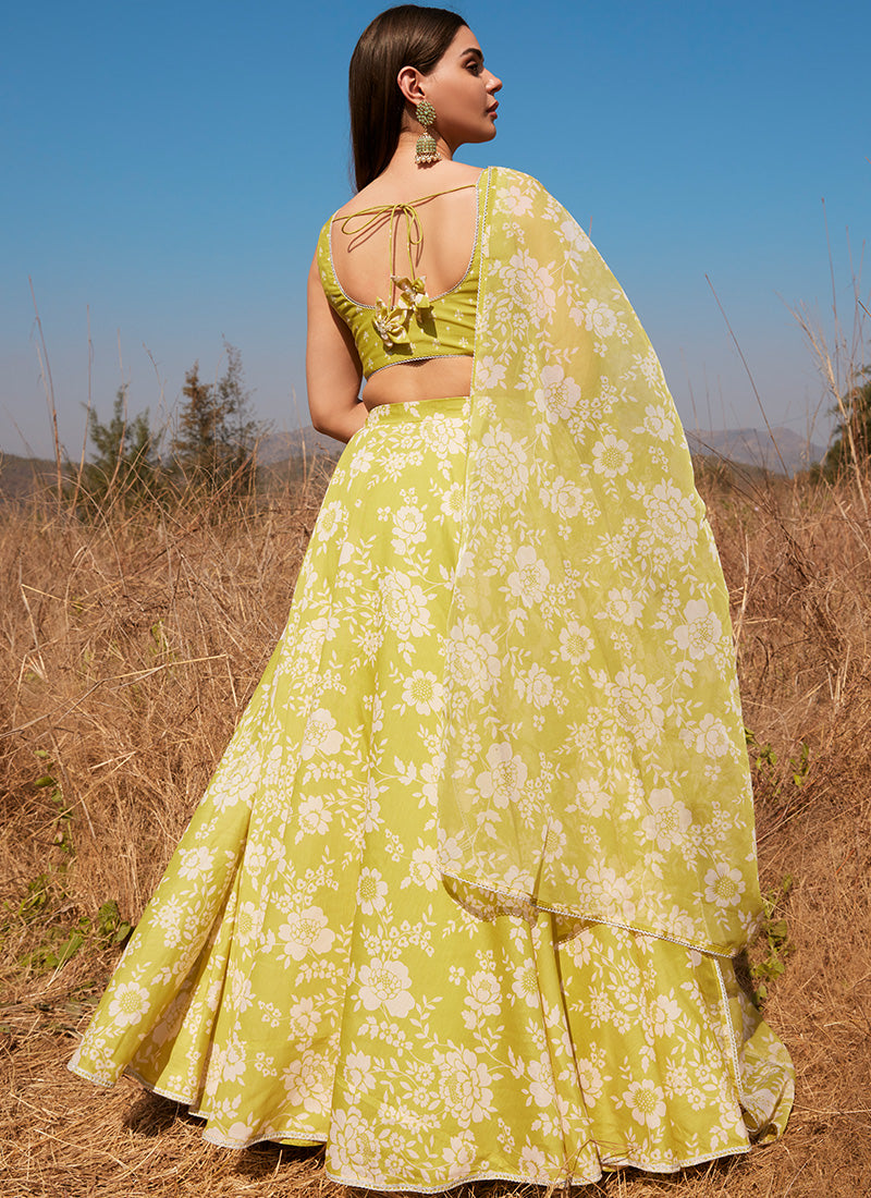 Olive Yellow Floral Chanderi Lehenga