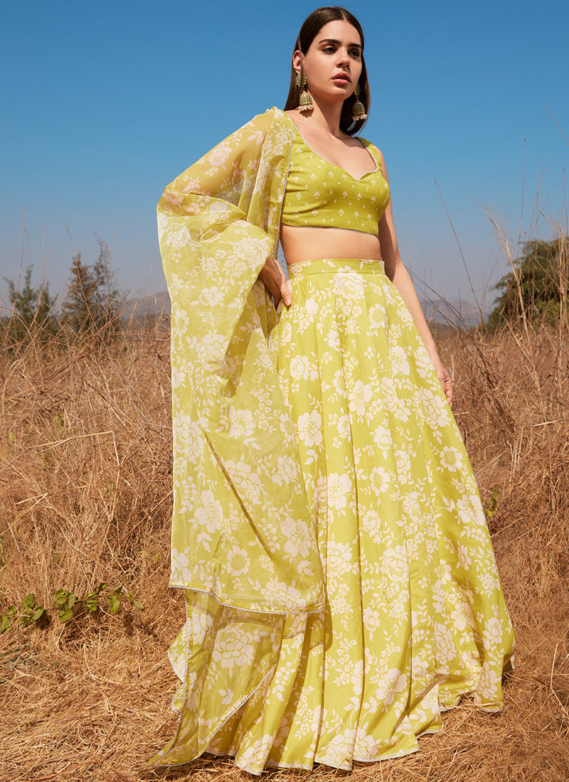 Olive Yellow Floral Chanderi Lehenga