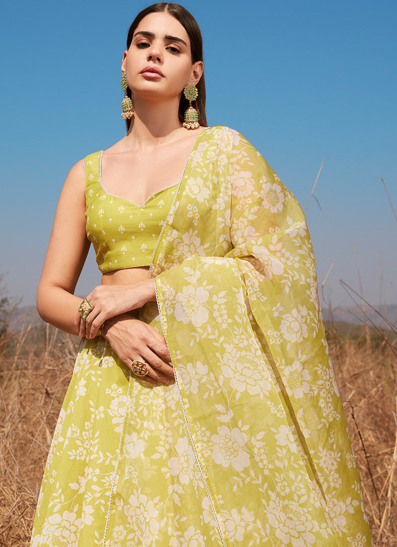 Olive Yellow Floral Chanderi Lehenga