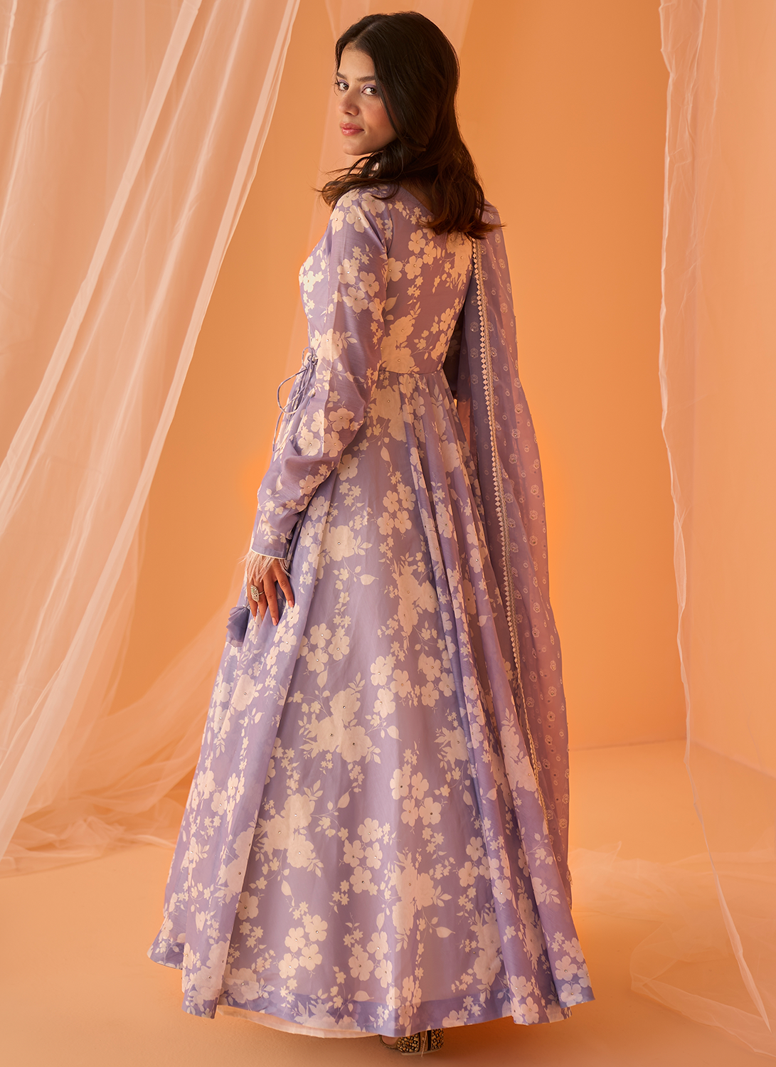 Dusty Periwinkle White Floral Printed Anarkali
