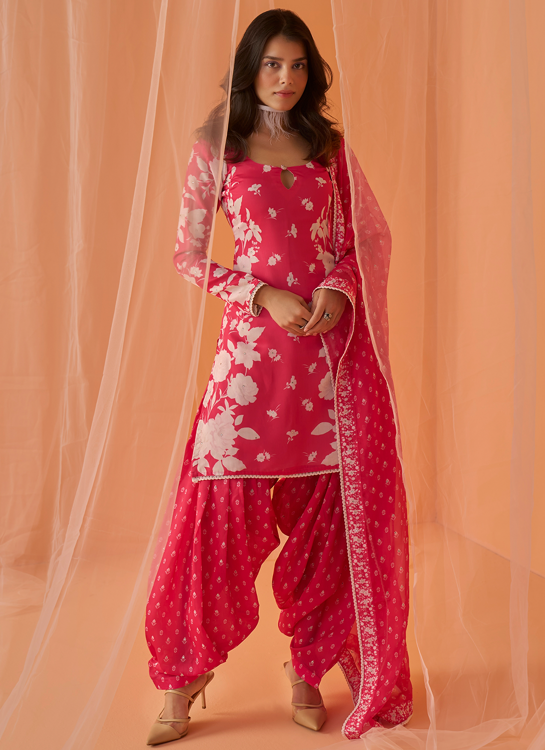 Hot Pink and White Floral Punjabi Suit Lashkaraa