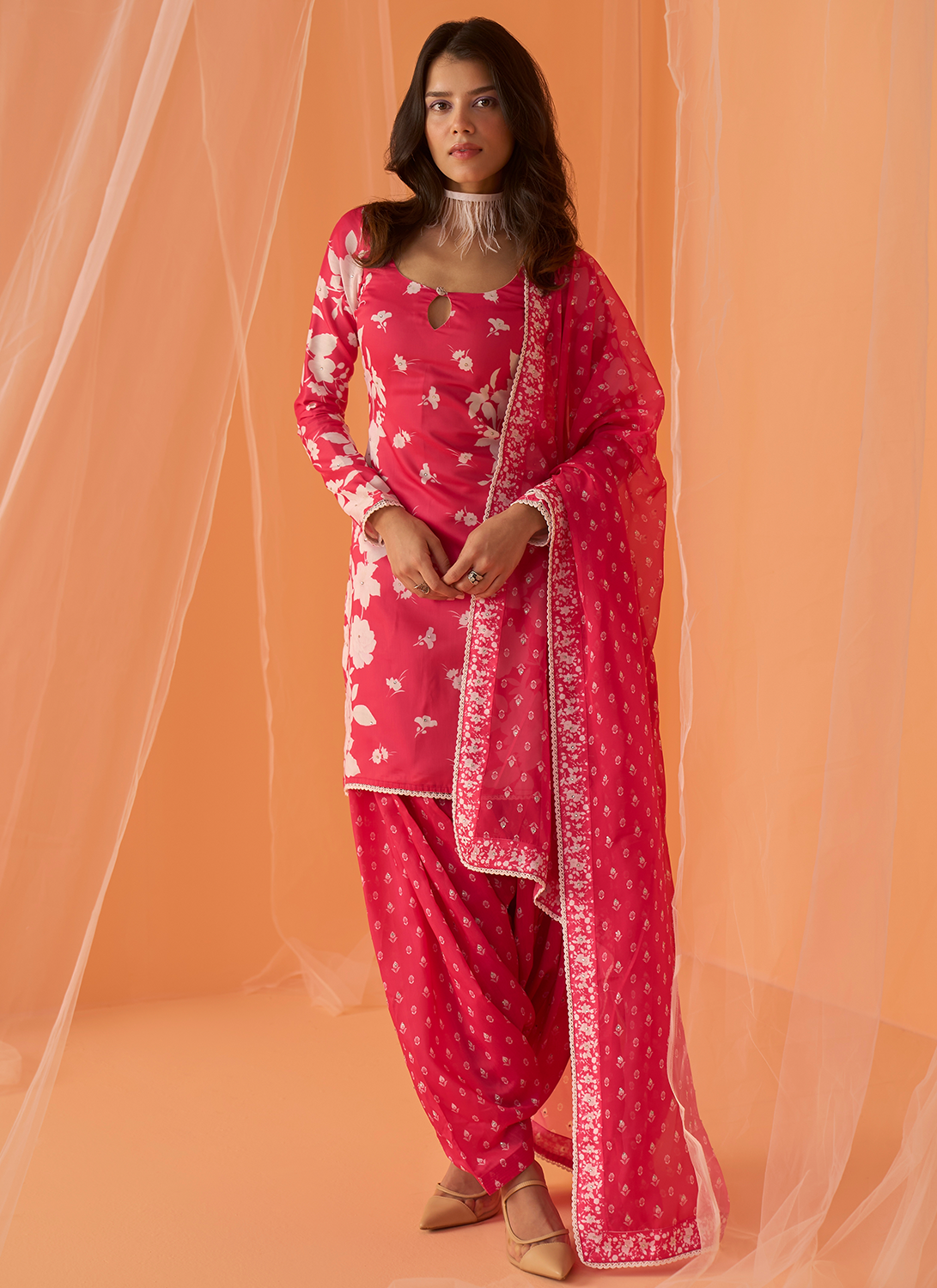 Hot Pink and White Floral Punjabi Suit