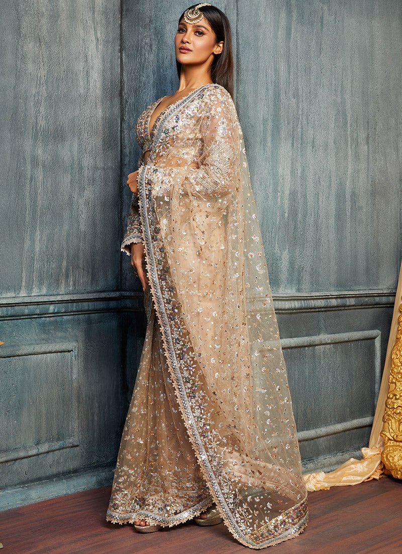 Beige Multicolor Sequins Embroidered Saree - Lashkaraa