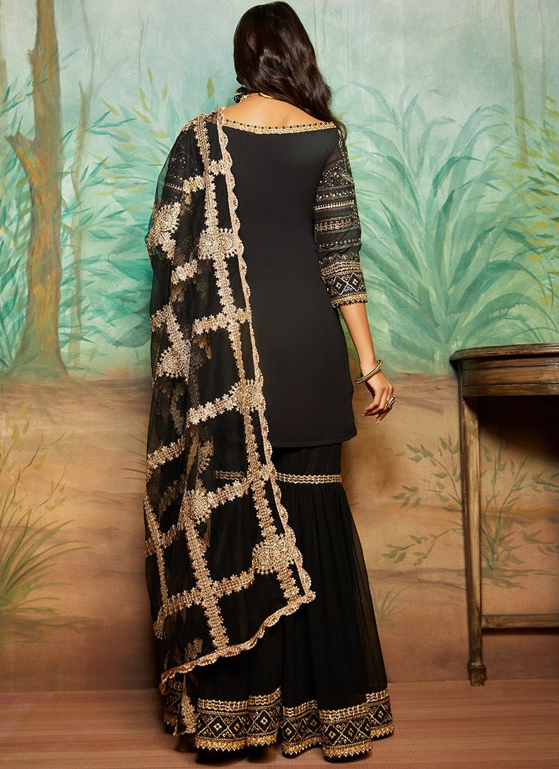 Black and Gold Thread Embroidered Gharara Suit - Lashkaraa