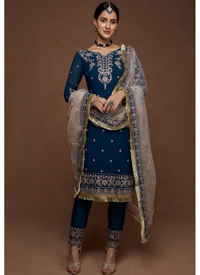 Blue and Light Pink Embroidered Straight Suit - Lashkaraa