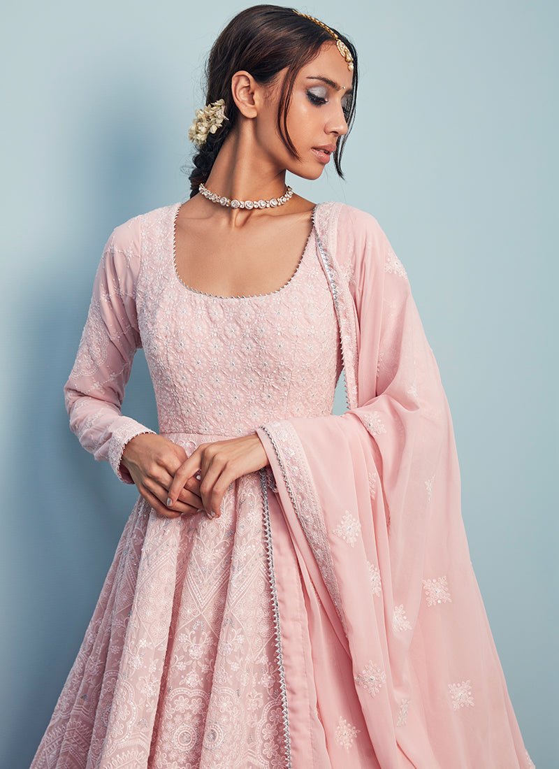 Blush Pink Thread Embroidered Anarkali - Lashkaraa