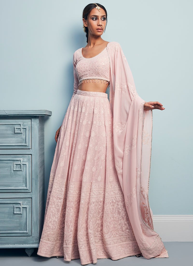 Blush Pink Thread Embroidered Lehenga - Lashkaraa